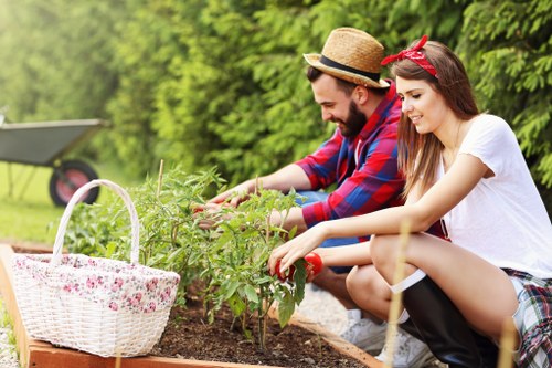 A young man and woman are gardening together in a landscaped outdoor area, positioned in the foreground and tending to a small herb or flower plant within a raised garden bed. The man, wearing a straw hat and a red and blue plaid shirt, is focused on the plant, while the woman, dressed in a white t-shirt and plaid shorts with a red headband, is also engaged in planting or maintenance work. To the left, a white wicker basket with a floral fabric lining rests on the edge of the garden bed, indicating casual outdoor activity. The garden features well-maintained, green grass and a variety of lush shrubs and tall trees in the background, suggesting a suburban or residential setting in the Kenton area. Bright, natural daylight illuminates the scene, with soft shadows indicating a clear, sunny day. The overall environment is peaceful and neat, indicative of professional gardening or landscaping services such as those offered by Lawn Mowing Kenton, respecting local surroundings and emphasizing outdoor care and maintenance.